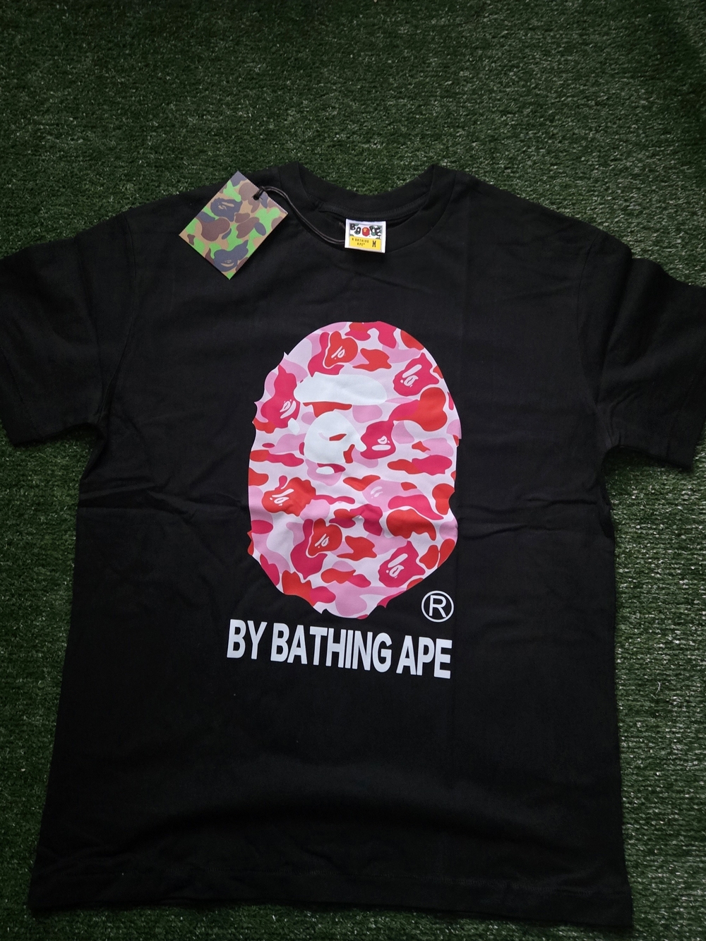 Real Bape Black Tee with Pink Camo Ape Head